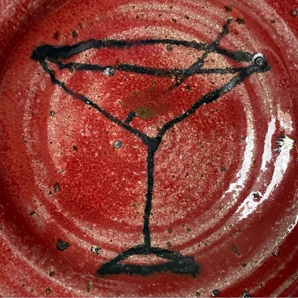 Pottery Hand Thrown Studio Plates Set of 2 with Martini Glass Burgundy Red EUC - Picture 2 of 16